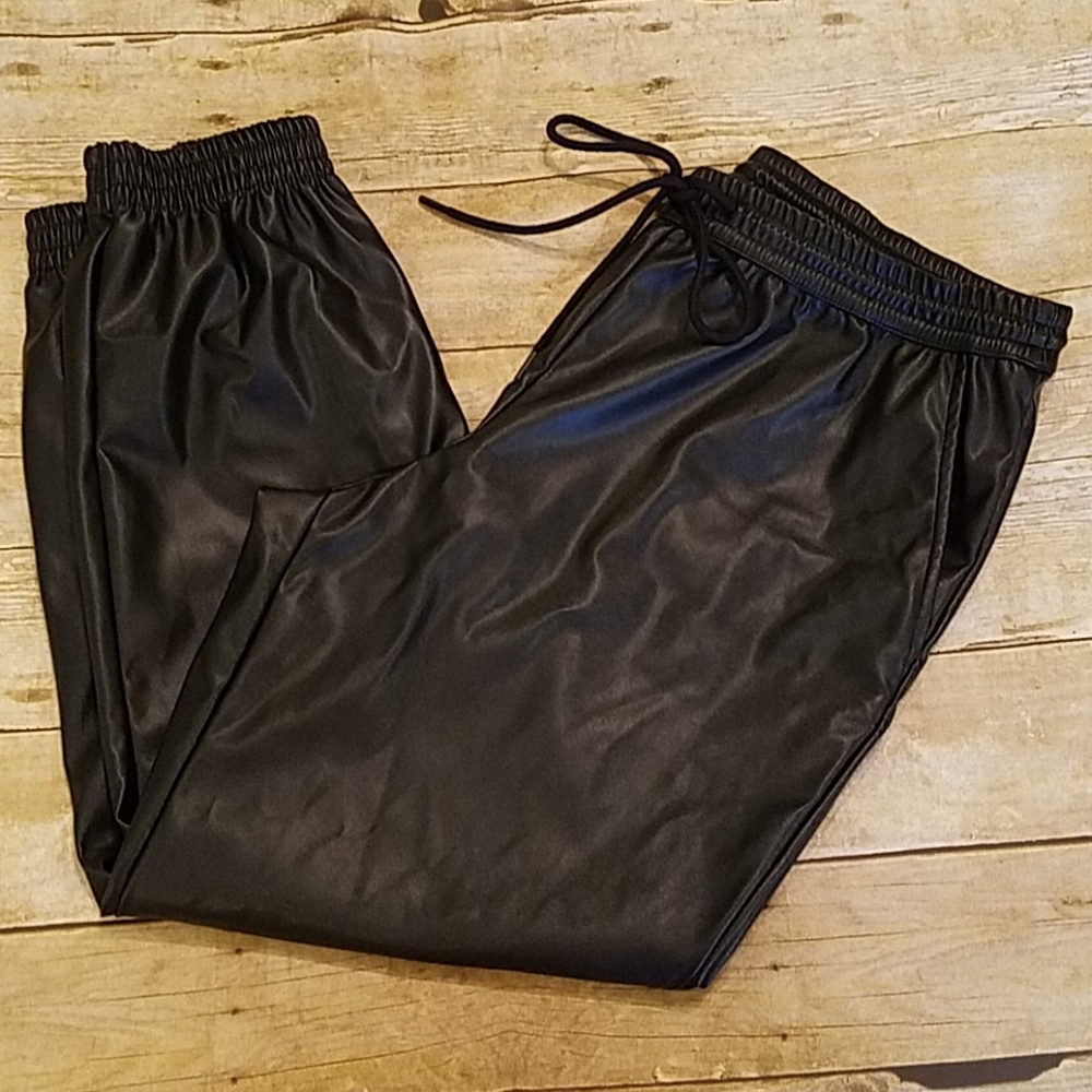 Womens Black Leather Looking Joggers
